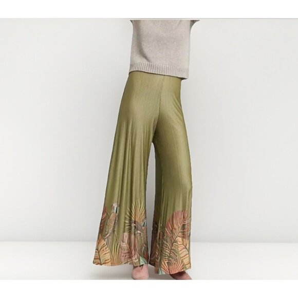 Farm Rio Parrot Wide Leg Pants Womens Sz L Green Tropical Birds Relaxed Fit - Picture 1 of 8